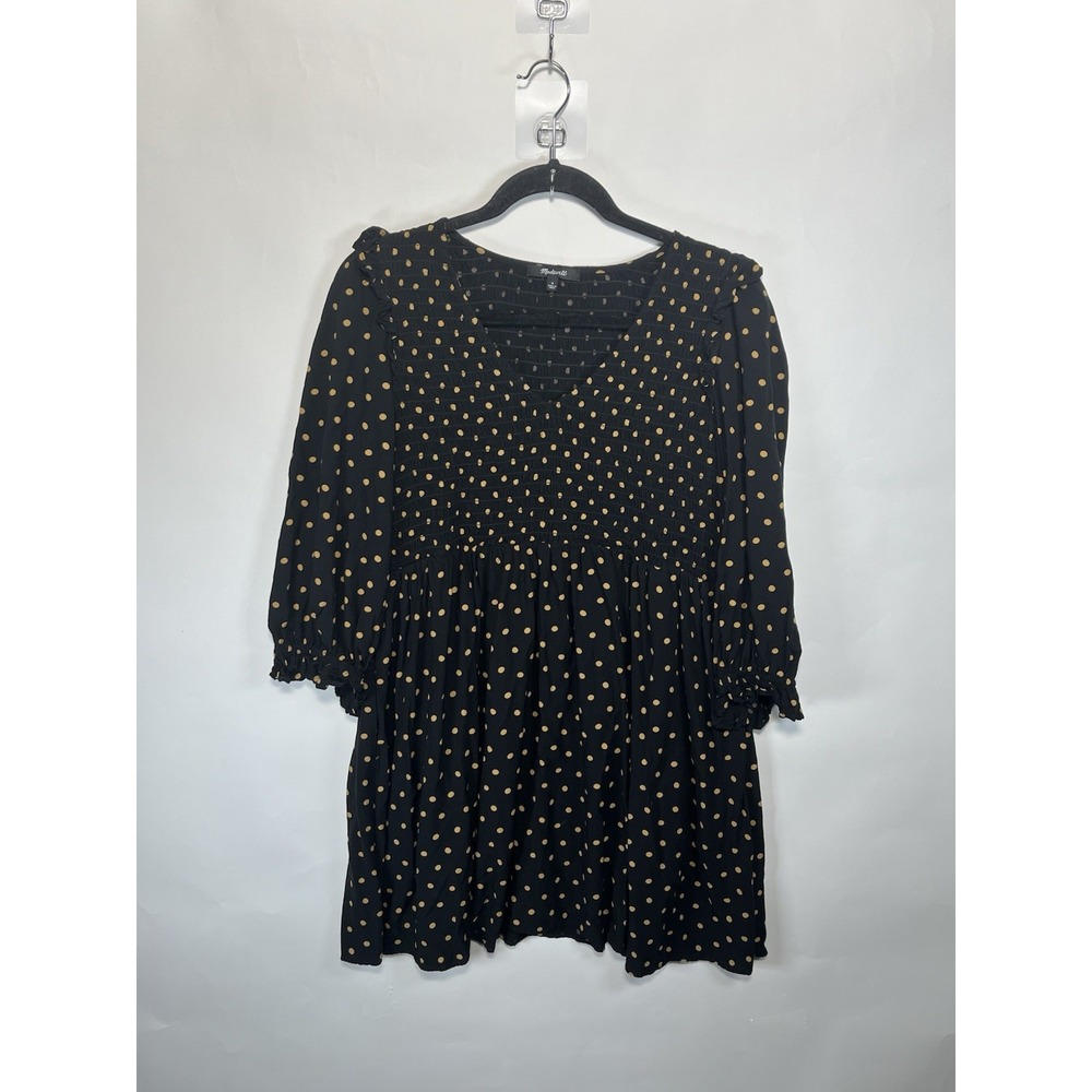Madewell Womens Polka Dot‎ Mini Dress Size S Black Smocked Balloon Sleeve Ruffle